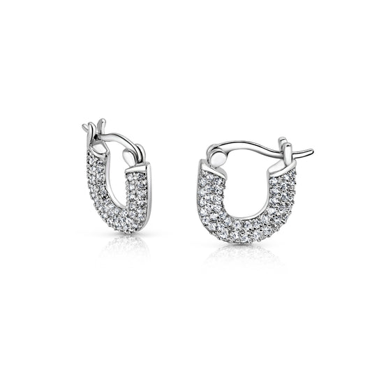 White Gold Plated Cubic Zirconia U Shaped Hoop Earrings| Hypoallergenic CZ Earrings for Women