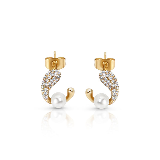 14k Gold Plated Pearl Stud Earrings | Post Earrings for Women| Pave CZ