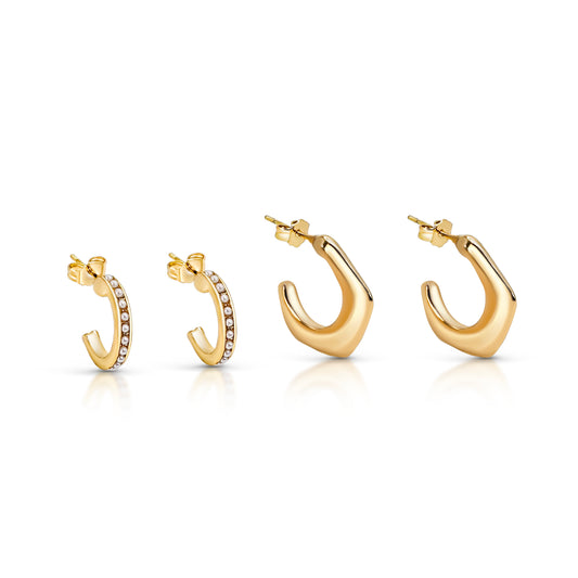 2 Pairs 14K Gold Plated Sterling Silver Posts Hoop Earrings Set| Huggie Hoop Pack for Multiple Piercings