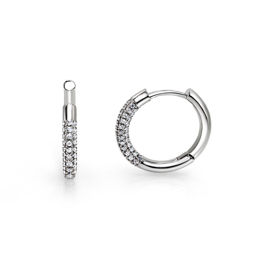 14K White Gold Plated Hoop Earrings with Cubic Zirconia| Half Studded Silver Women's Hoops